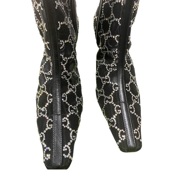 Gucci Demi Crystal GG Logo Mesh Pointed Toe Ankle Boot Black 85mm - Picture 3 of 13